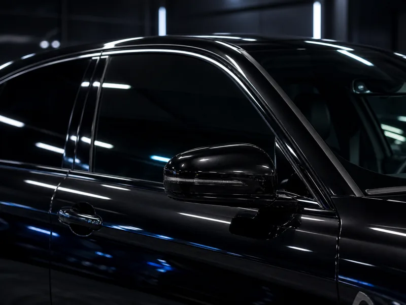 Black vehicle with dark ceramic window tint in a shop