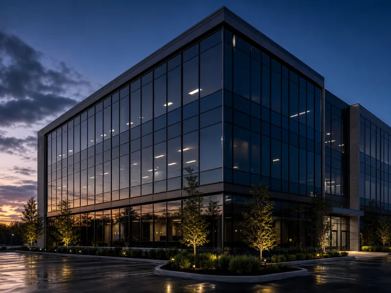 Modern commercial building with tinted glass windows